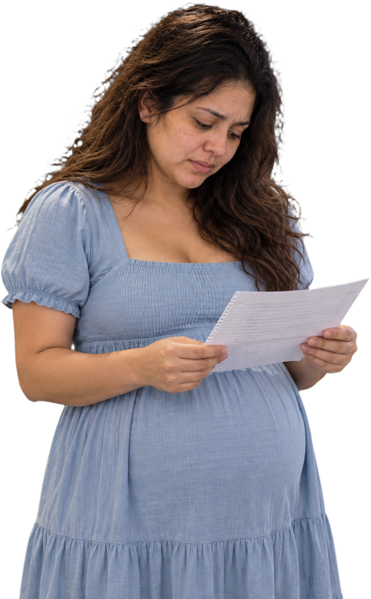 Mamá embarazada abrumada con una lista en la mano